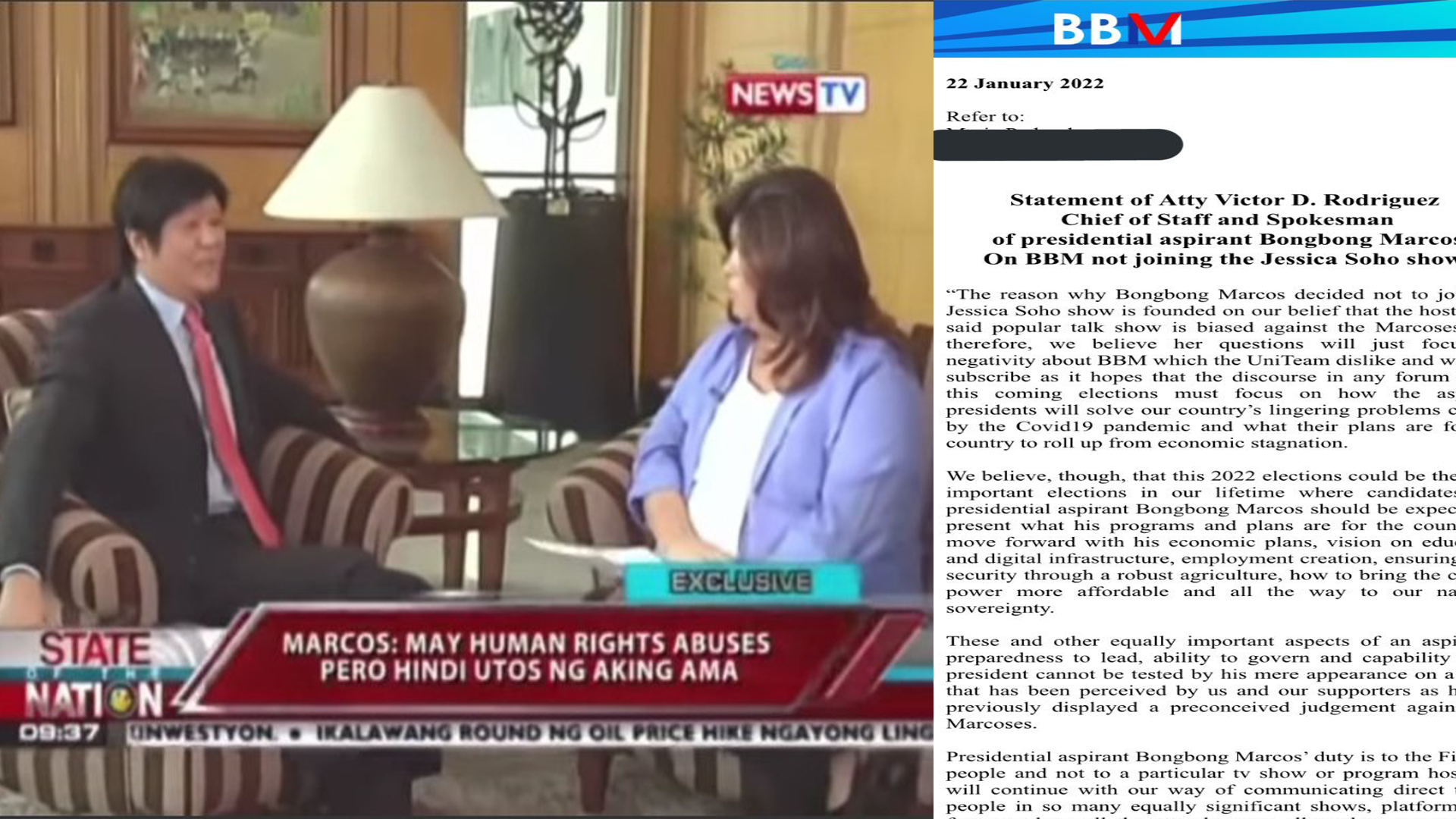 BBM Official Statement Regarding Jessica Soho Presidential Interview ...